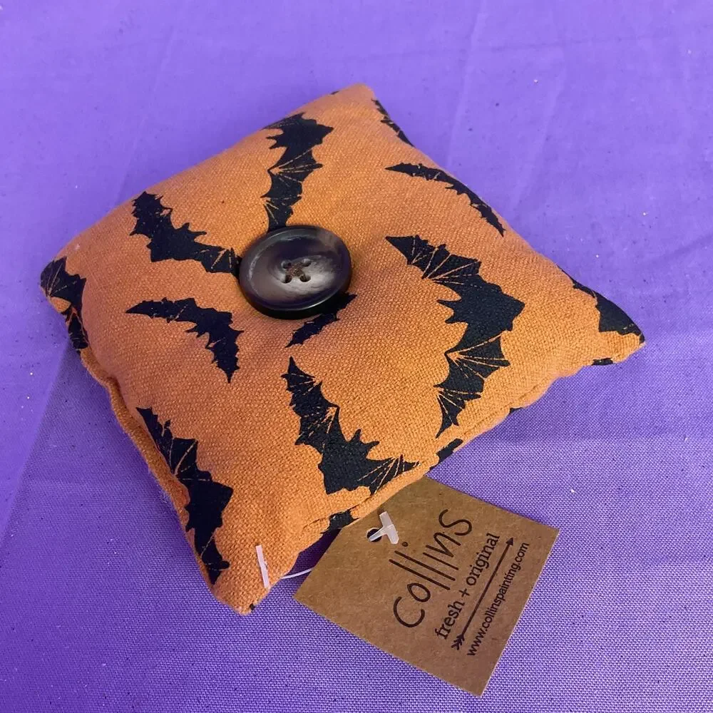 Collins Halloween Fabric Bowl Filler Pillow Orange Black Bat Print Button Accent